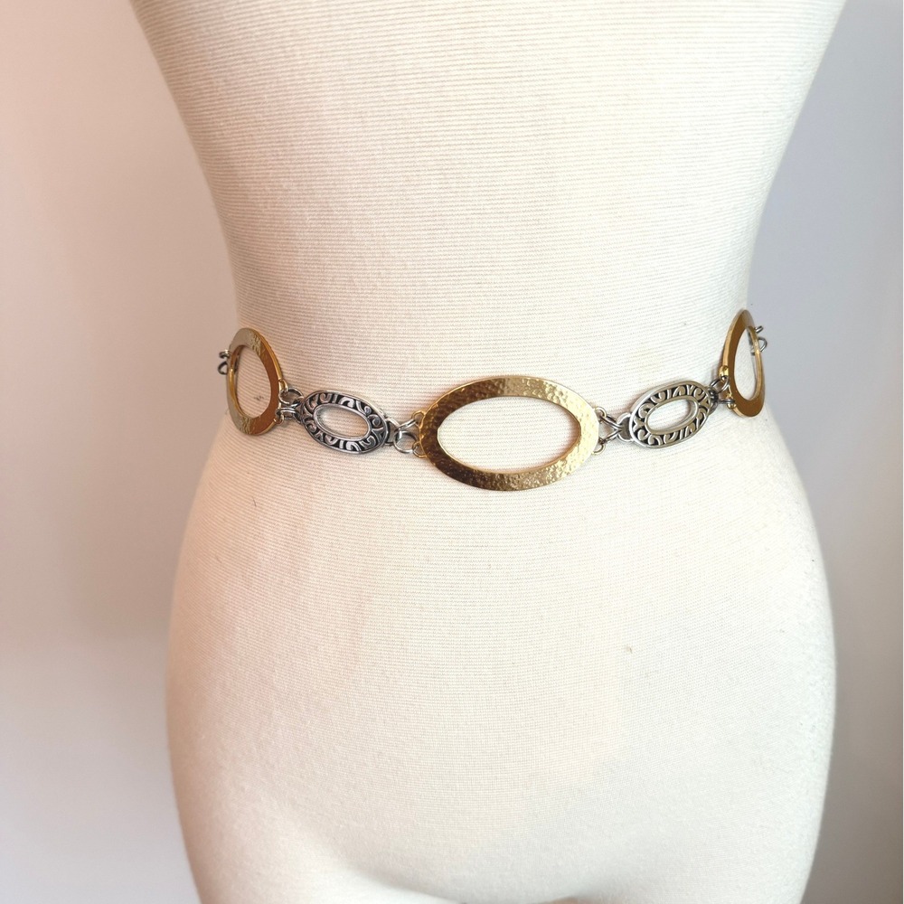Brighton Mixed Metal Hammered Gold Silver Chain belt Size medium Filigree Oval
